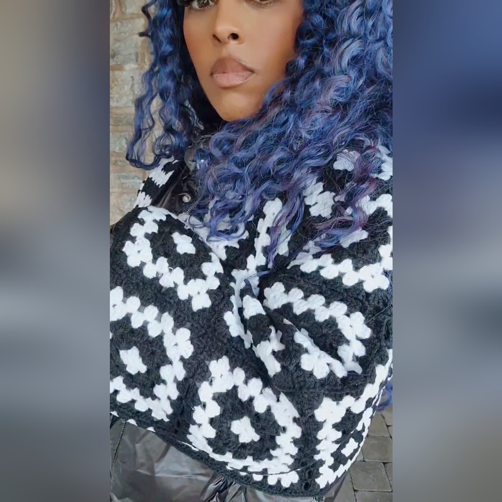 Miz Puffer Crochet: Detachable Contrast Knit Cardigan Vinyl Winter Coat L XL - Picture 11 of 17